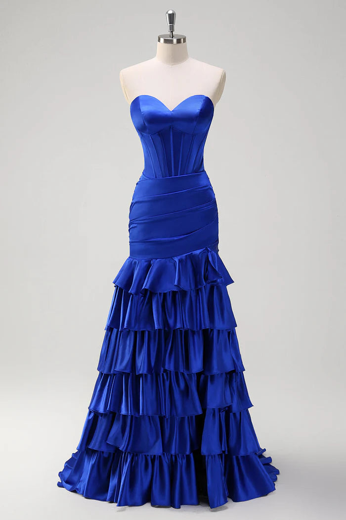 Weitese Dress Royal Blue Mermaid Strapless Corset Maxi Dress Prom Dress Formal Dress With Tiered Evening Dress